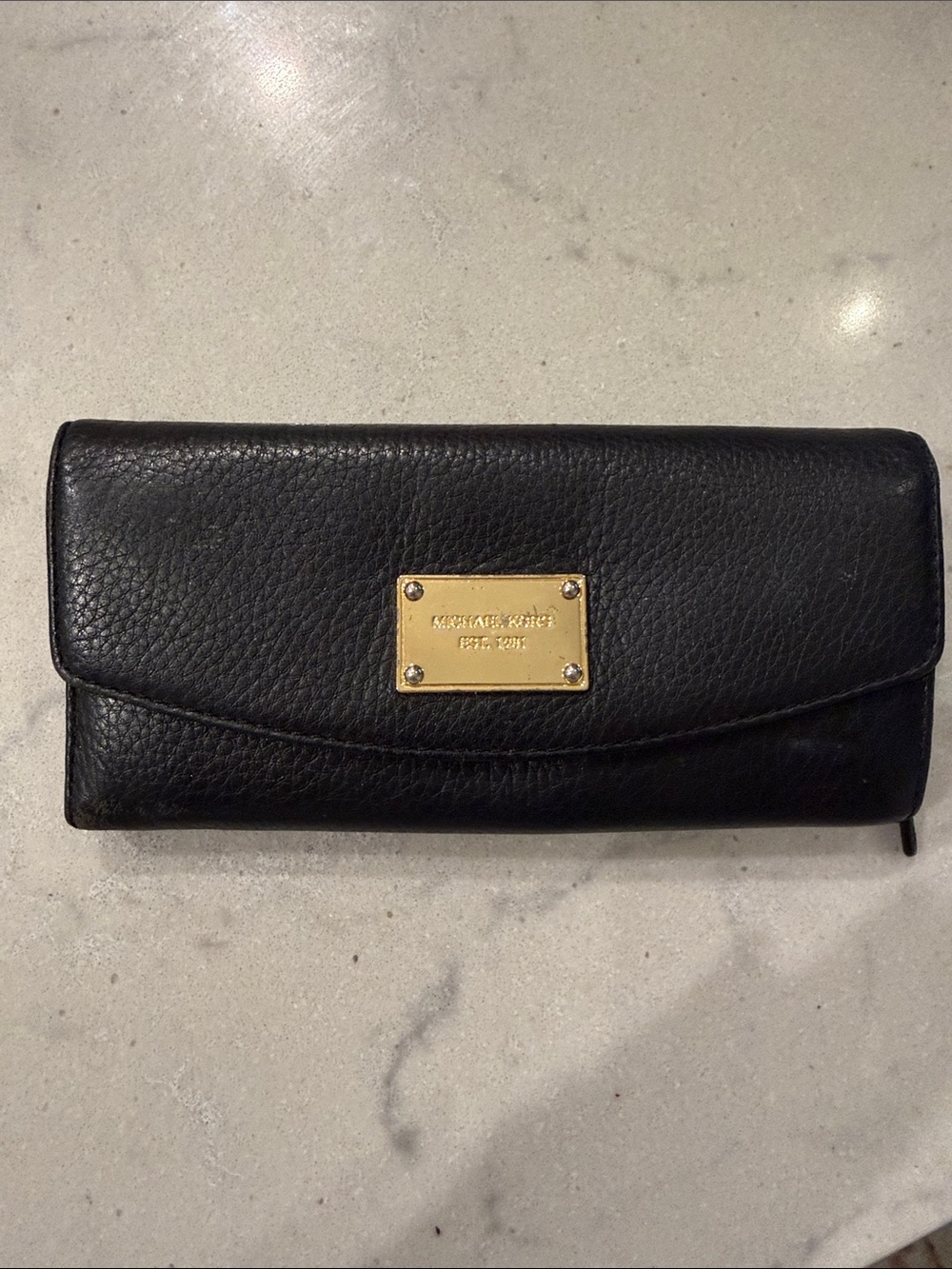 Michael Kors Black Leather Continental Wallet with Gold Plaque Accent